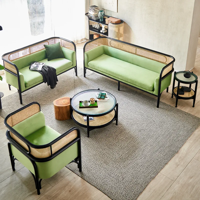 

Nordic fabric solid wood sofa modern simple living room three-person sofa B & B hotel rattan sofa real rattan