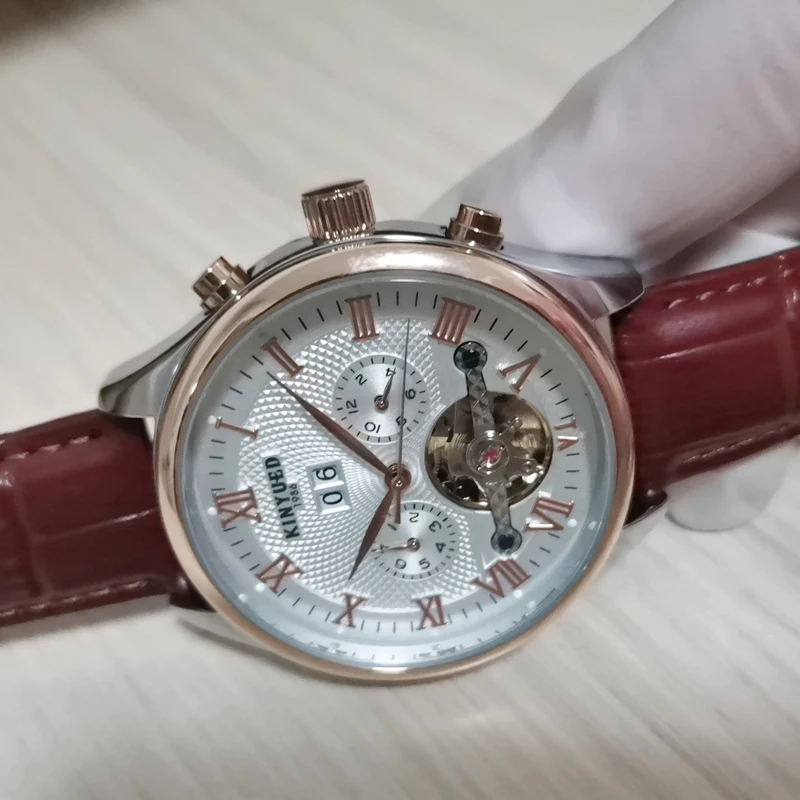 KINYUED Tourbillon Männer Uhren Mode-Business Automatische Mechanische Uhr Männer Casual Leder Wasserdichte Uhr Relogio Masculino – Detail 9