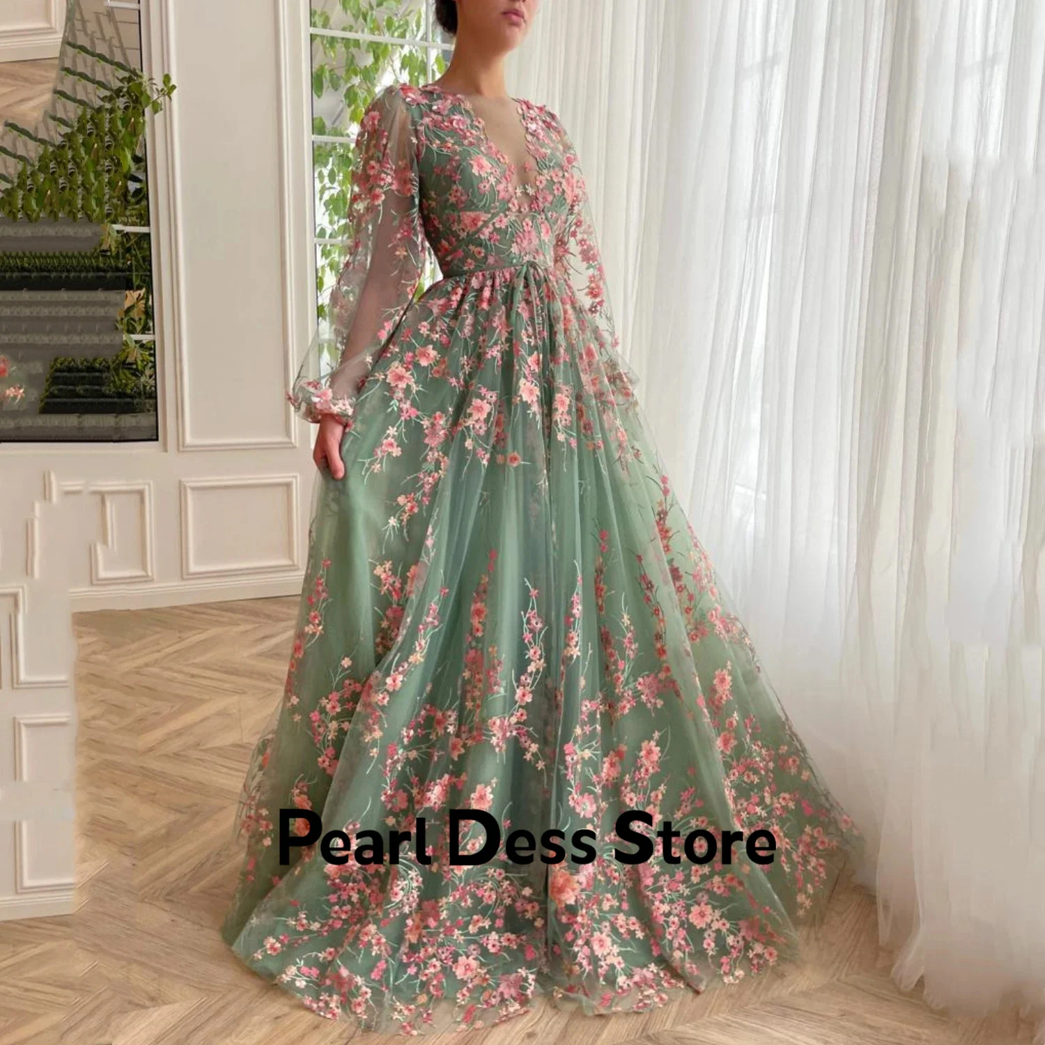 Embroidery Women Evening Dress Luxury 2024 Dubai Lace Flowers Long Sleeves Simple and Elegant Formal Dress Es Prom Dresses 2024