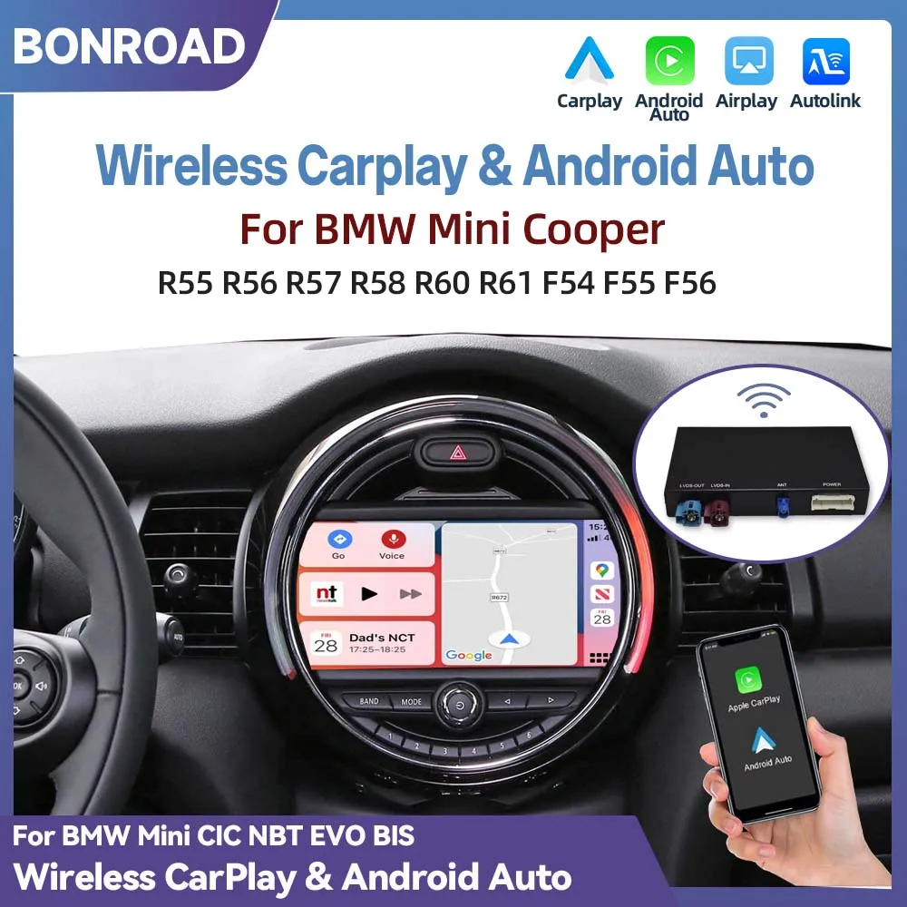BONROAD Wireless CarPlay Android Auto Module for BMW Mini CIC NBT EVO R55 R56 R57 R58 R60 R61 F54 F55 F56 Clubman Countryman Cooper John Cooper Plug And Play OEM Multimedia Upgrade Bluetooth Mirror Link GPS Retrofit Adapter