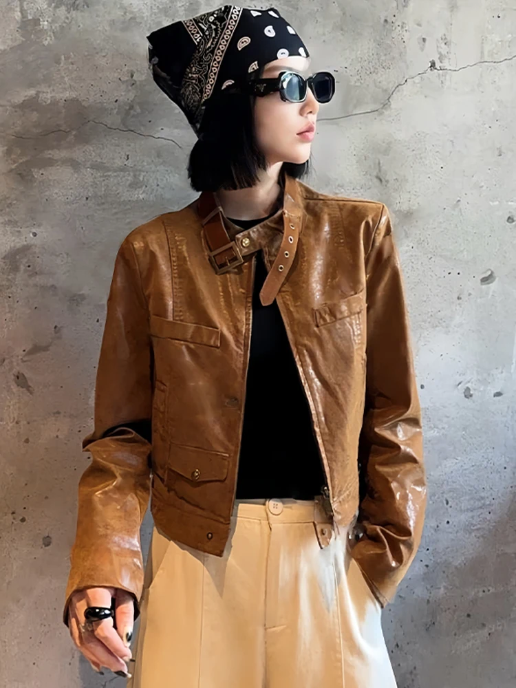 Jaet Retro único para mujer, abrigo de cuero adelgazante de aspecto joven, informal, holgado, con cierre de cremallera, otoño 2025