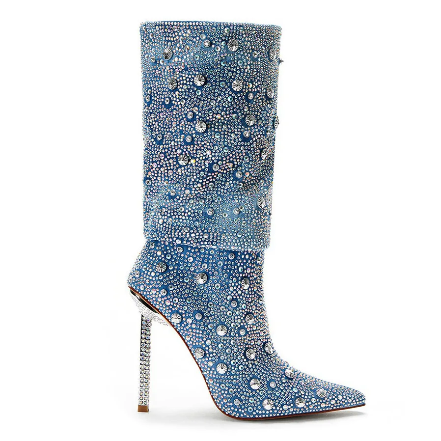 Luxury Bling Full Crystal Blue Denim Mid-calf Boots Women Pointed Toe Stiletto High Heels Slip-on Banquet Party Stage Shoes 2024