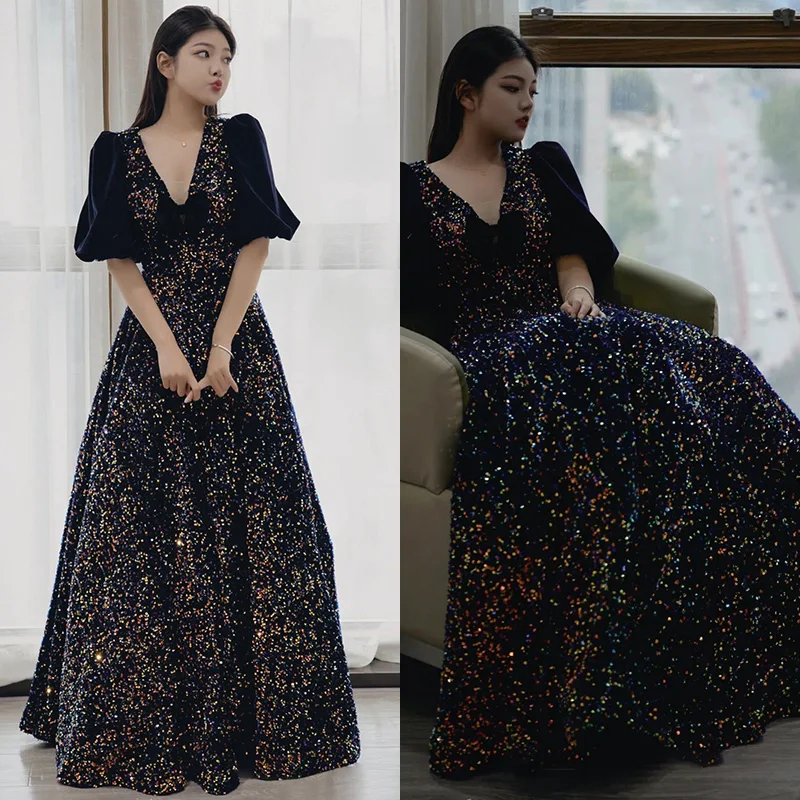 

It's Yiiya Customized Evening Dress Navy Blue Deep V-Neck Sequins Floor-Length A-Line Plus size Woman Party Formal Gowns A2889