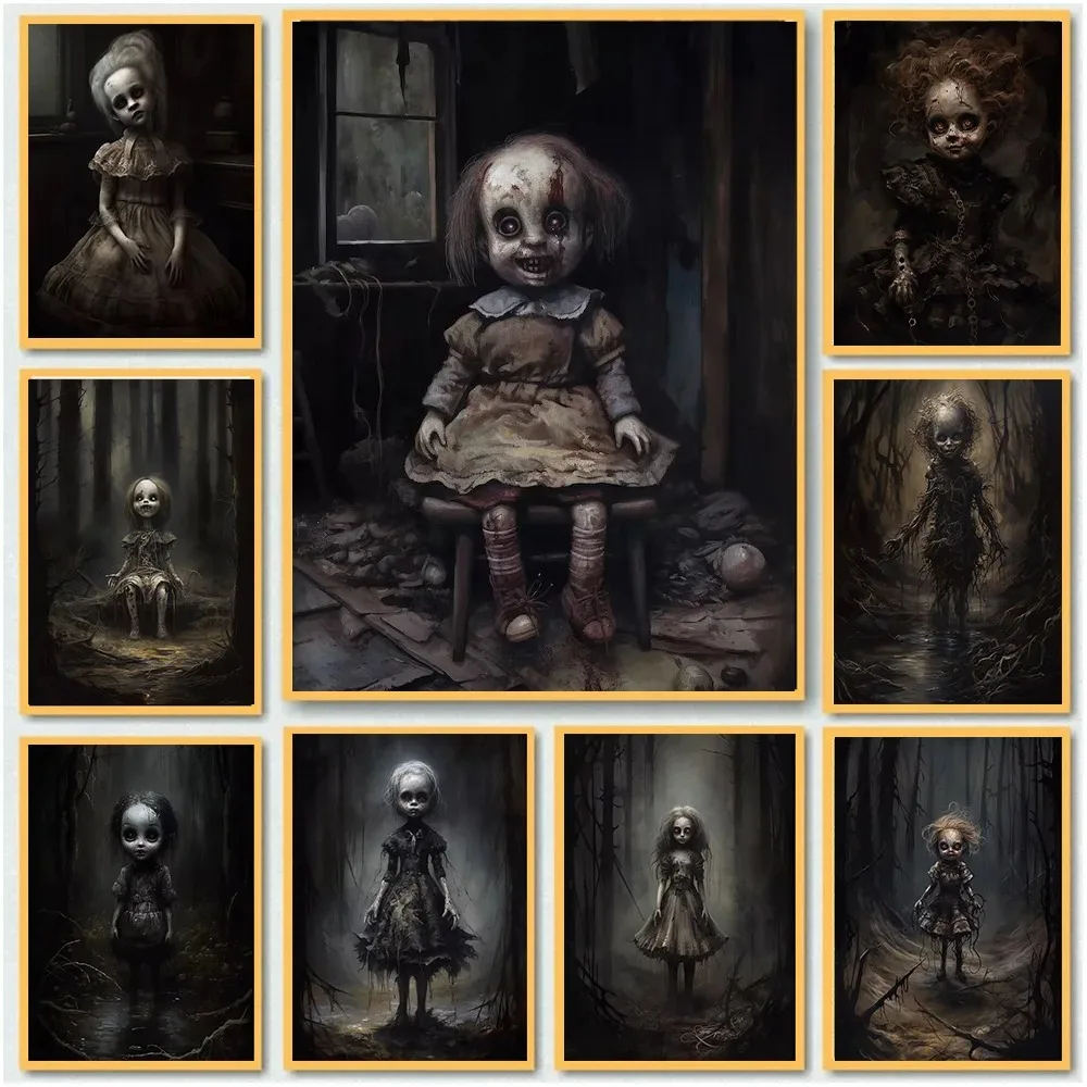 Pósteres artísticos de muñecas encantadas de Halloween para decoración del hogar, sala de estar, película de terror gótica, pintura en lienzo de muñeca fantasma, arte de pared