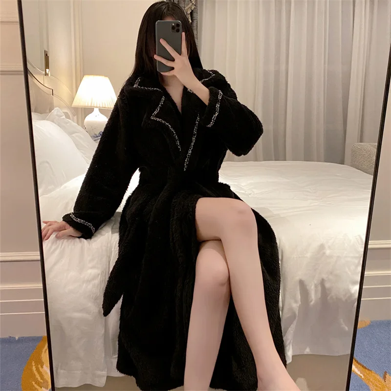 Thickened Flannel Nightdress Women's Autumn and Winter Nightwear Fashion Lapel Warm Robe Coral Fleece Home Clothes Sexy Bathrobe