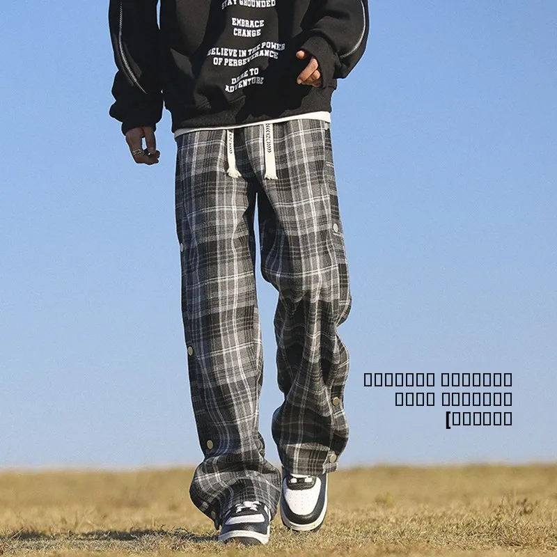 

Men's Fce Lined Straight Leg Sport Pants Thiened Winter Trousers American Retro Plaid Drapey Wide Leg Casual Trousers