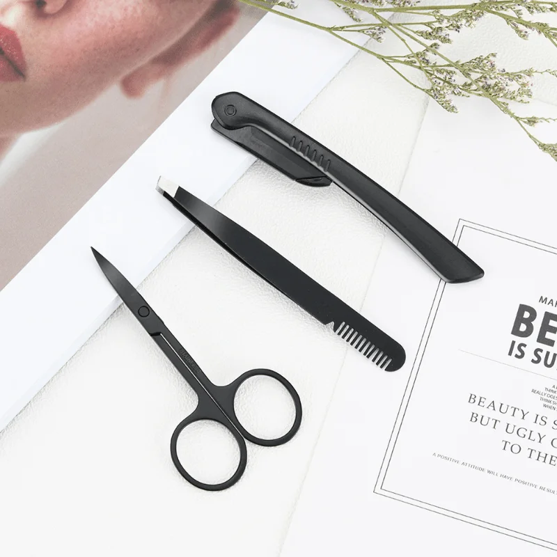 Stainless Steel Eyebrow Grooming Kit with Three Pieces, Including Scissors, Tweezers, And a Razor for Beauty Purposes