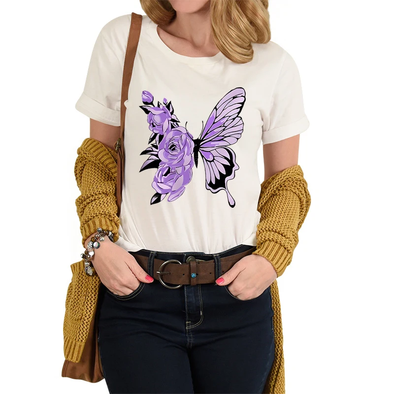 Women's Casual Butterfly & Floral Print T-shirt Tops Girls Clothing Harajuku Fashion Soft Tee Aesthetic Vintage Shirts Female