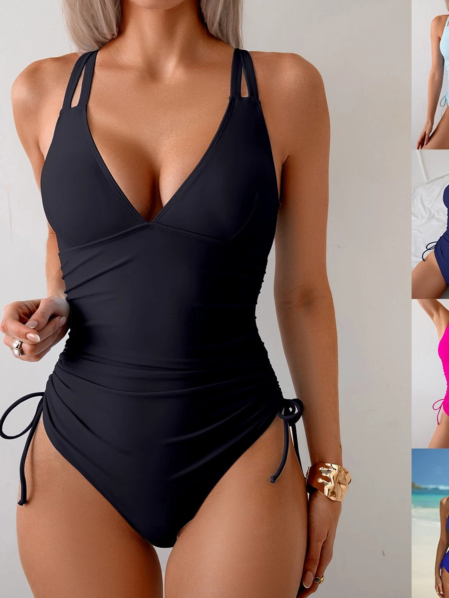  Color One-Piece Bikini Swimming Suit Women's Pure Color Swimwear Casual Surfing Suit with Chest Pad No Steel Support