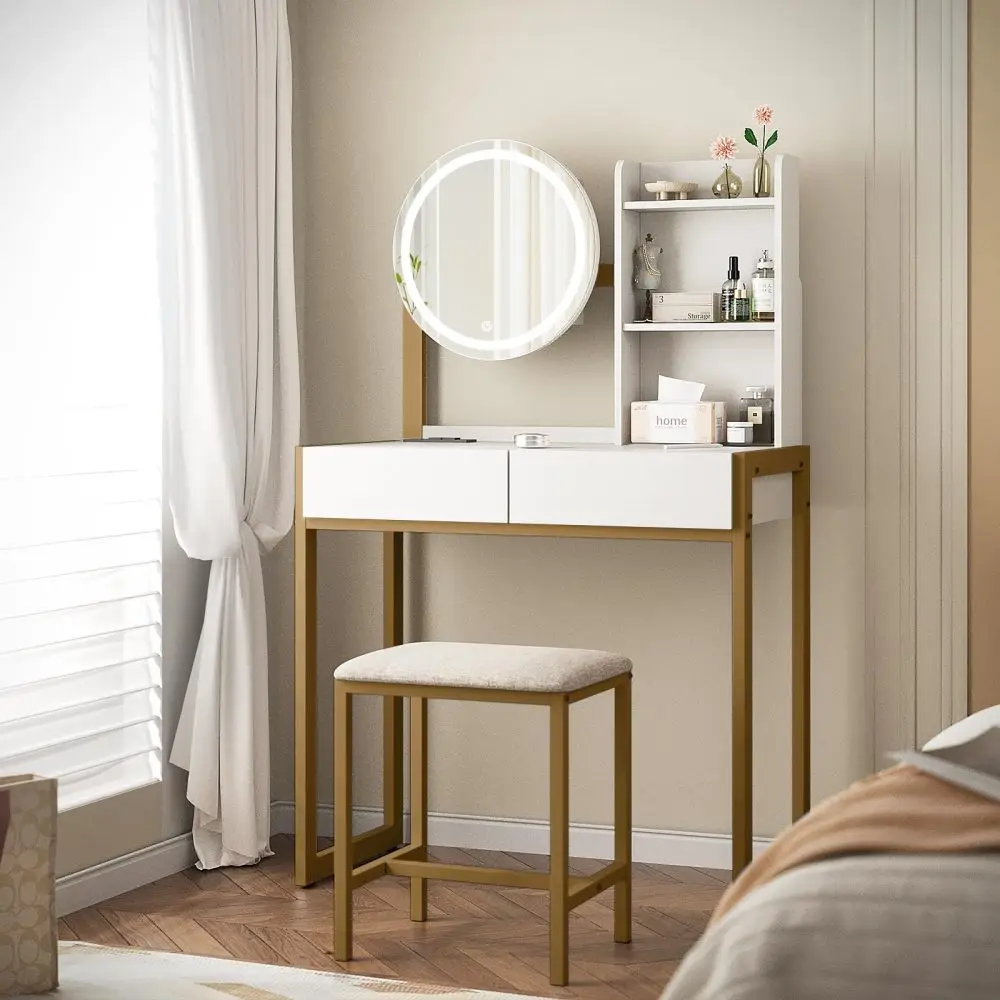 This Small, White-gold Vanity Table Features A Mirror and Light. It Includes An LED Mirror, Three Lighting Modes, A Power Outlet, Drawers for Flexible Storage of Various Beauty Products, Open Shelves, and A Cushioned Stool. Suitable for A Bedroom.