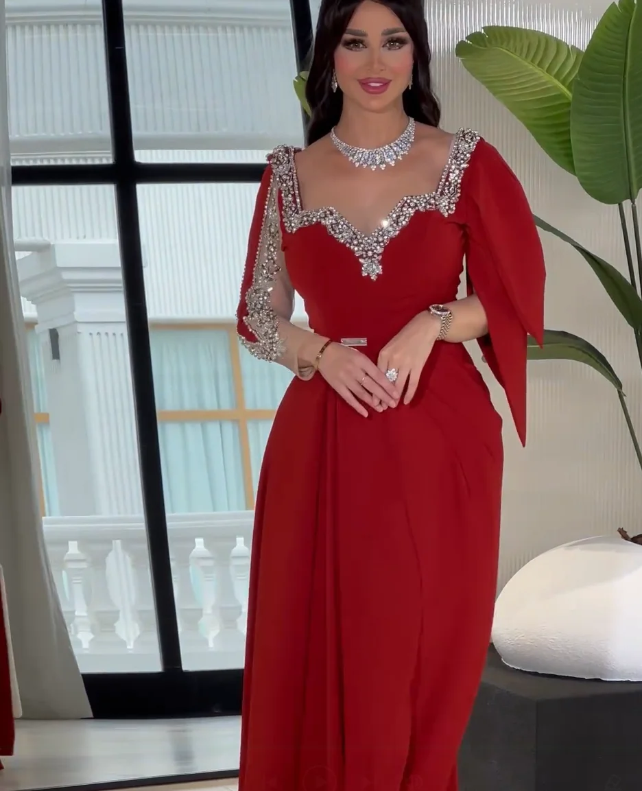 Red Mermaid Prom Dresses Long for Women 2025 Beading Crystal A Line V Neck Formal Evening Gowns Customized image 3