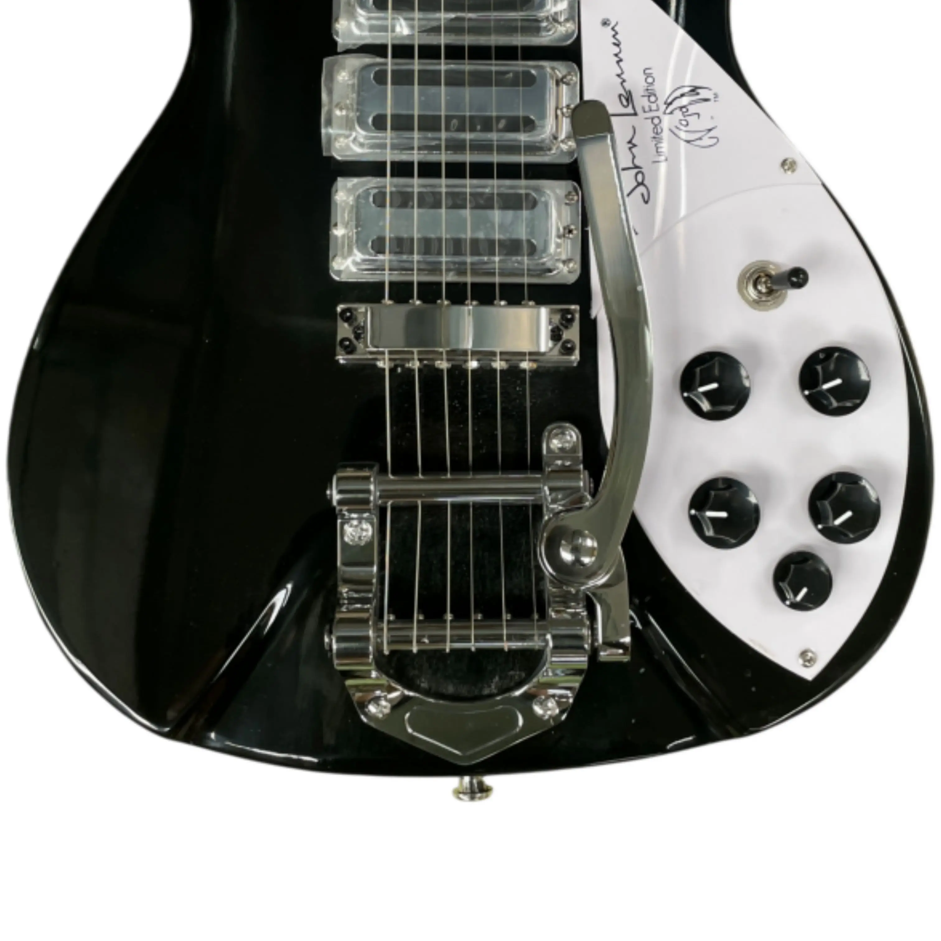 Bright Black Electric Guitar, White Pickguard with Signature Print Guitars, Tremolo Unit, for Live Show Guitarra