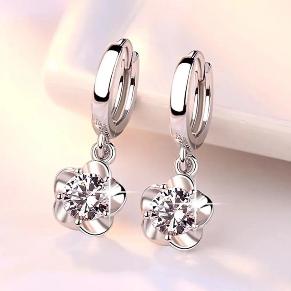 Silver 925 Hoop Earrings For Women Fine Jewelry Purple White Zircon Silver Sample 925 Clover Plum Cherry Blossom Flower Earrings image 2