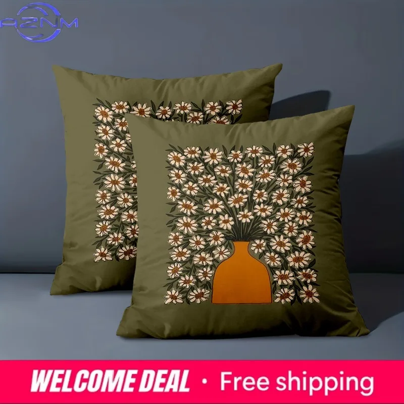 1 Pieces Green Cushions With Floral Vase Pattern Decor Polyester pillowcase, sofa decorative cushion cov Headboard Pillow