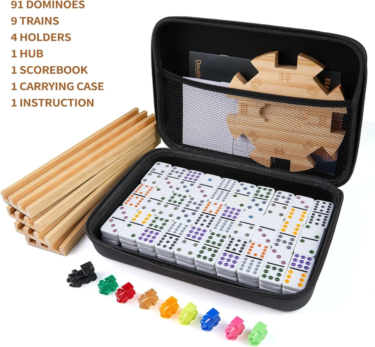 Mexican Train Double 12 Dominoes Set with 4 Wooden Trays/Racks in Portable Carrying Case Colorful 91 Tiles & 9 Trains Board Game