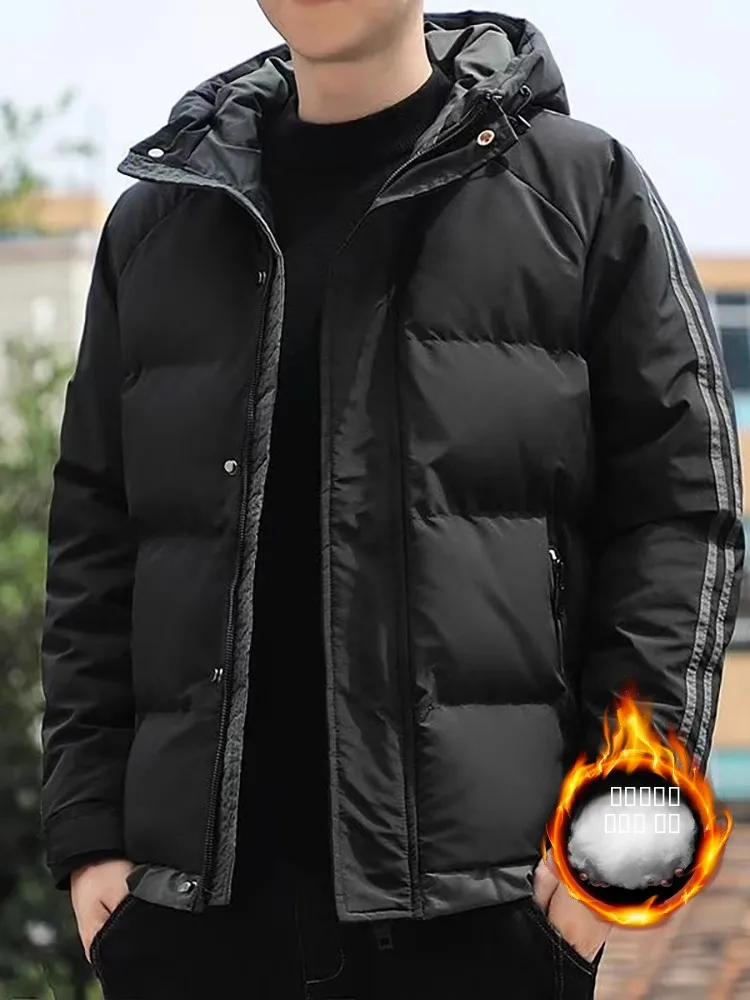 

Men's Thiened down Cotton Jaet Winter Warm Hooded Coat Youth Faion Cold Proof Zipper Decoration Long Sve Regular Fit