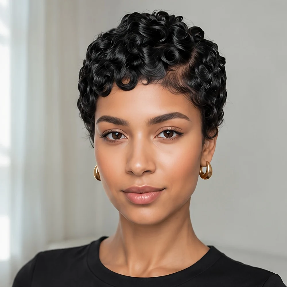 Short Wave Pixie Cut Wig 100% Human Hair 13x4 HD Lace Brazilian Virgin Human Hair Glueless Easy‑Wear Natural Look Curly Wig