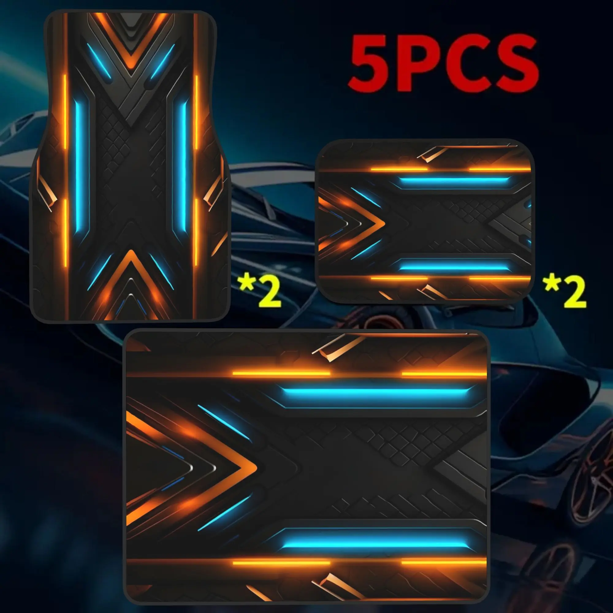 2D Plane 5pcss Orange Blue Glowing Mecha Print Car Floor Mat Set | Trunk Liner 5pcss Set (Including 4 Floor Mats And 1 Trunk Lin