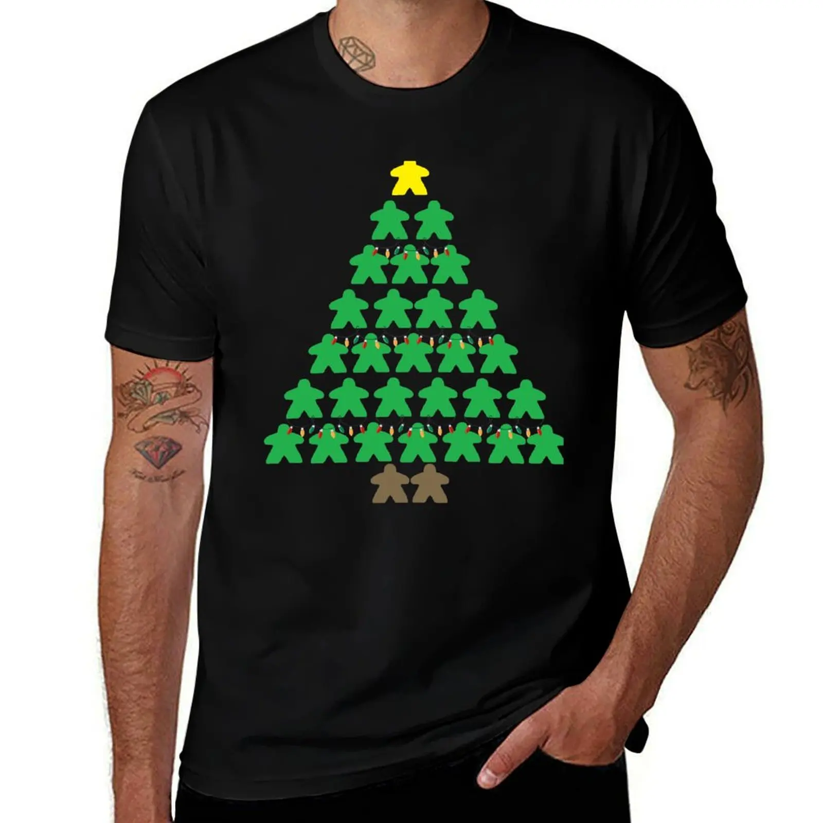 

Christmas Tree Meeples with Lights Tabletop Black Background T-Shirt affliction shirts Luxury man boys whites mens clothes