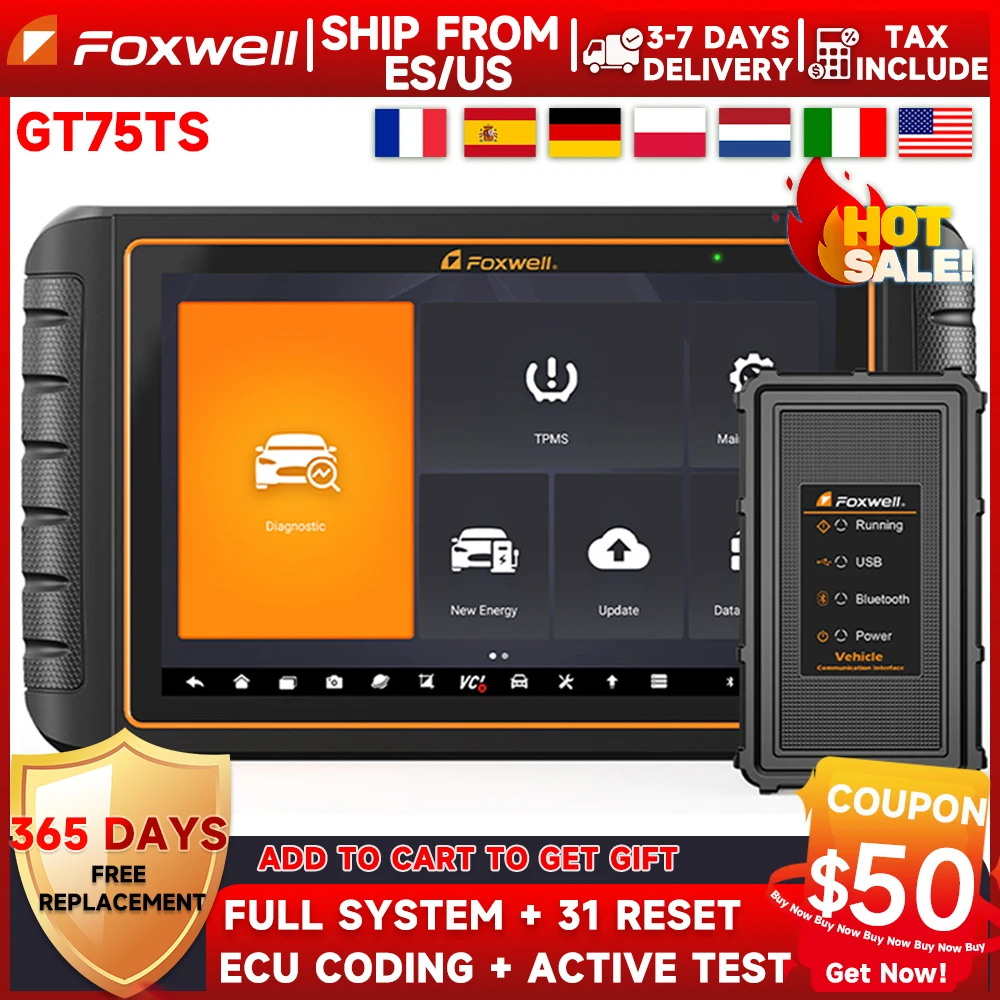 

FOXWELL GT75TS Pofressional Bi-Directional Scan Tool ECU Coding TPMS Relearn/Activate/Program 31+ Reset OBD2 Automotive Scanner