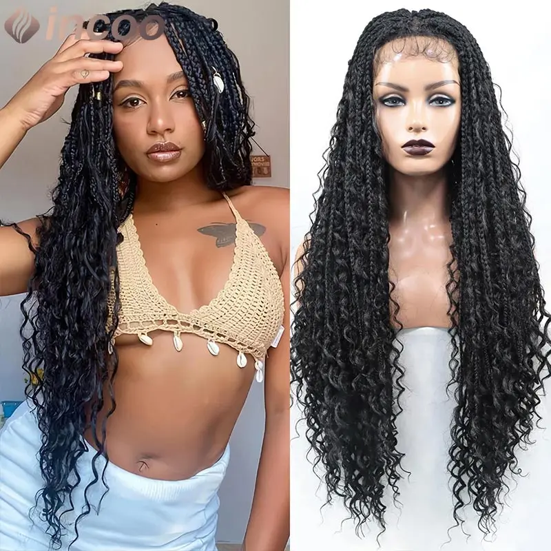 Dark Brown Colored Boho Box Locs Braid Wigs Synthetic Knotless Box Twist Braided Wig Curly Full Lace Front Wigs For Black Women