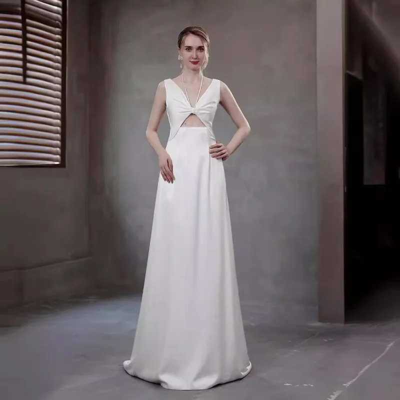 فستان زفاف فرنسي بسيط أنيق للزواج والخطوبة فستان سهرة رخصة العروس فستان أبيض نحيف