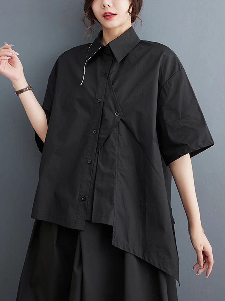 Irregular Cotton Black Vintage Oversized Shirt Women New Lapel Short Sleeve Loose Casual Blouse Top Fashion Clothes Summer 2023