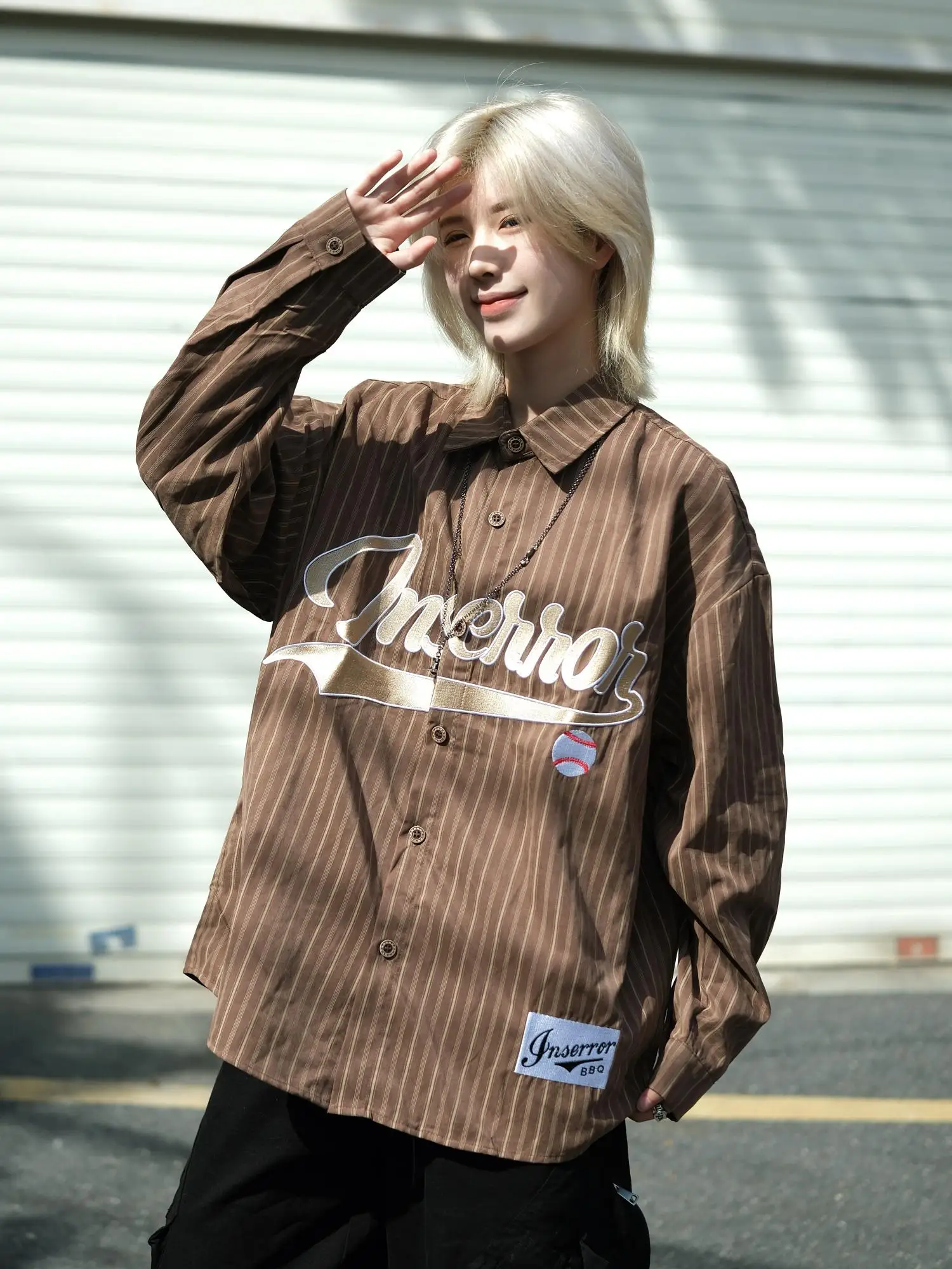 

Ja Men's Loose Casual Striped irt Ball Stitching Vintage Baseball Street Sle Polyester Long Sve Women's Outerwear