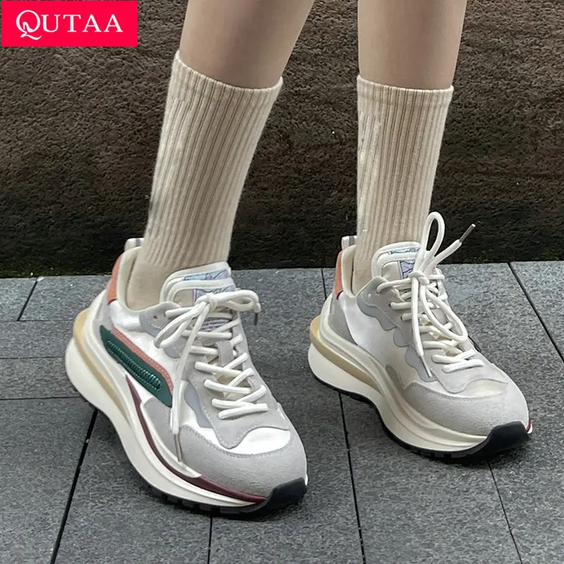 QUTAA 2022 Fashion Women Genuine Leather Sneakers Mixed Colors Platform Casual Shoes Woman Running Sport Shoes Size 35-40