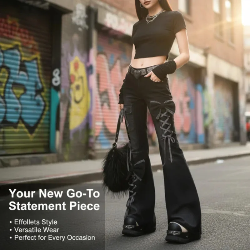 3D Butterfly Bow Black Bell Bottom Jeans Women Y2K High-Waisted Skinny Fit Fall Winter Design Slim Flattering Denim Pants New