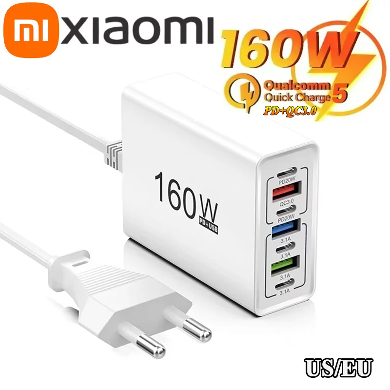 Xiaomi 160W USB C Charger fast charging 4USB+3TYPE-C EU/US 7 Ports charging head Quick Charge QC3.0 Mobile Phone Wall Adapter