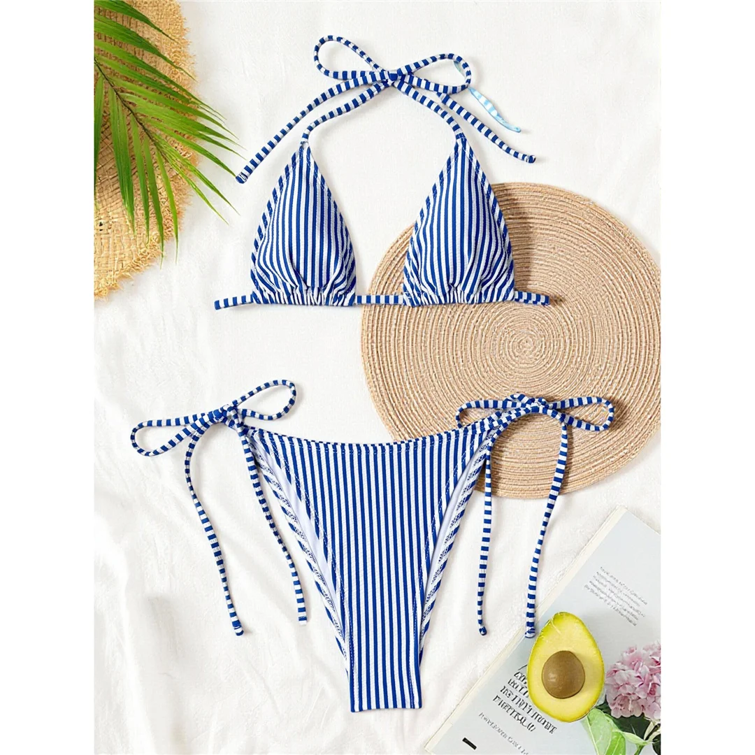 S - XL Gestreifter Neckholder-Bikini, Damen-Badeanzug, zweiteiliges Bikini-Set, hoch geschnittene Beine, Badebekleidung, Badeanzug, Schwimmbekleidung V8527 – Detail 21
