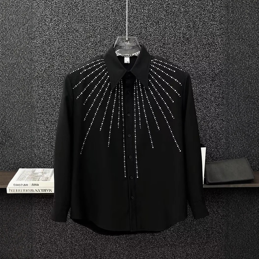 Spring and Autumn Men's Water Rhinestone Shirt American Casual Fashion Loose High Street Men's Shiny Long Sleeve Shirts