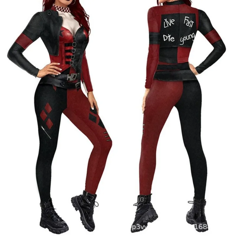 Harleen Quinzel Superhero Jumpsuit for girls Adult Kids Catsuit Sexy Women clown female Cosplay Costumes Halloween Bodysuit