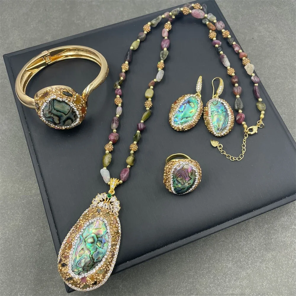 

Natural Black Abalone Shell Jewelry With Rhinestone Tourmaline Crystal for Women Quartz Strand Neckalce Earring Bracelet Sets