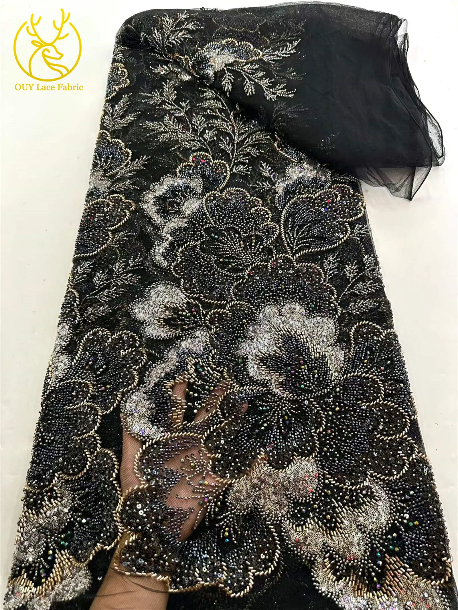 Afrikanischer Brautkleidstoff mit Perlen und Spitze 2026 Luxuriöse Nigerianische Stickerei Pailletten-Spitze Französische Tüllspitze für Brautkleider – Detail 6