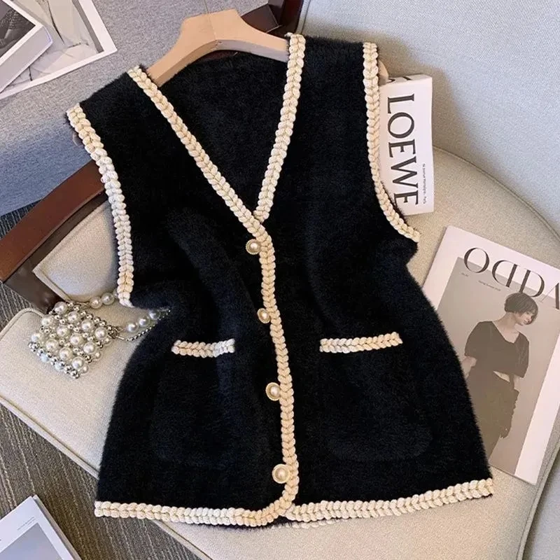Knitted Vest Cardigan Shoulder Sweater Women's Spring Autumn New V-neck Small fragrant style Sleeveless Coat Lady Short Tops