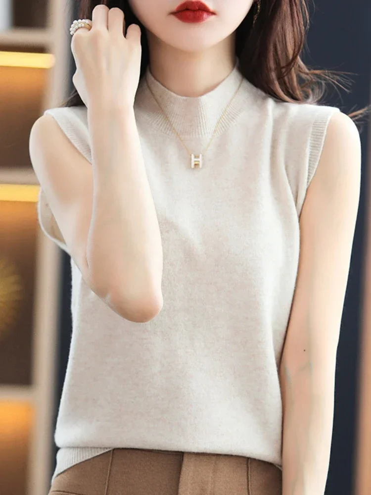 Women Sweater Vest Half High Collar Spring Autumn Slim Fit Knitwears Warm Pullovers Casual Knitted Tops Korean Fashion Jumpers