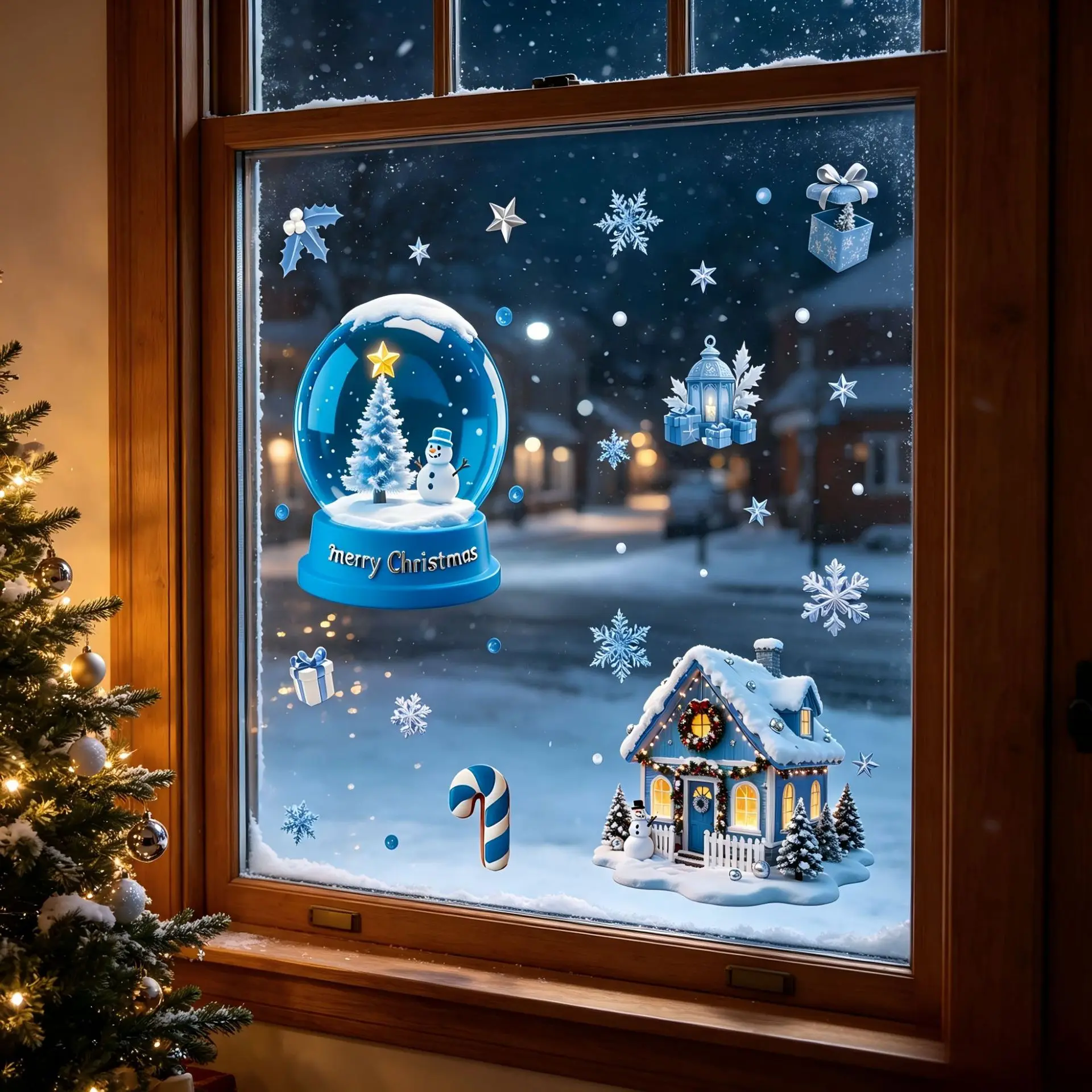 Christmas Static Cling Glass Stickers, Snowflake Snow House Blue Dreamy Crystal Ball Decals for Holiday Window Decoration