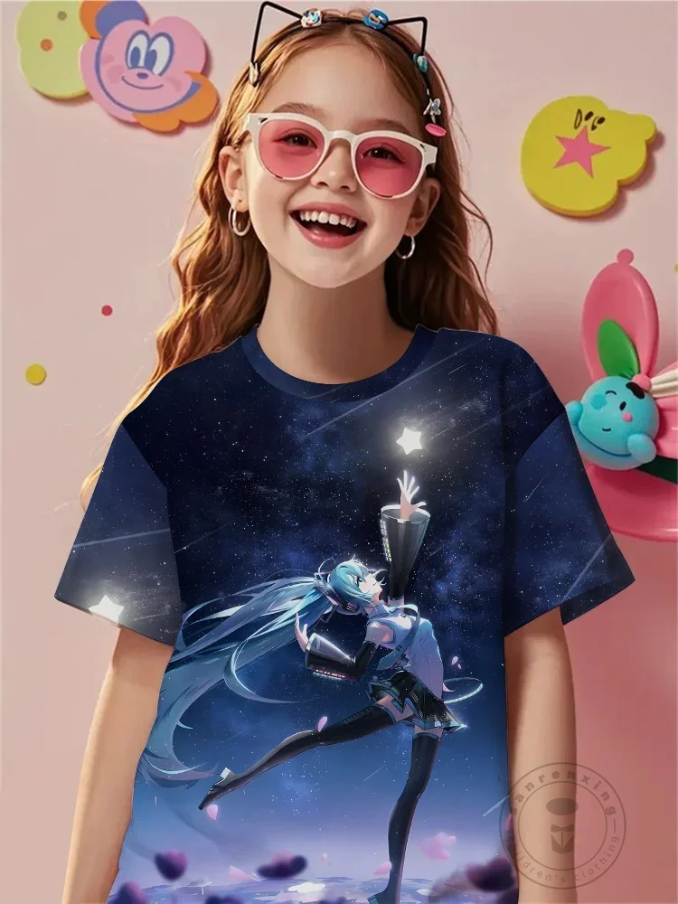 

Cute Hatsune Miku Microphone Pose 3D Print New Short Sleeve Tee Summer Round Neck Kawaii Top For Girls Performance
