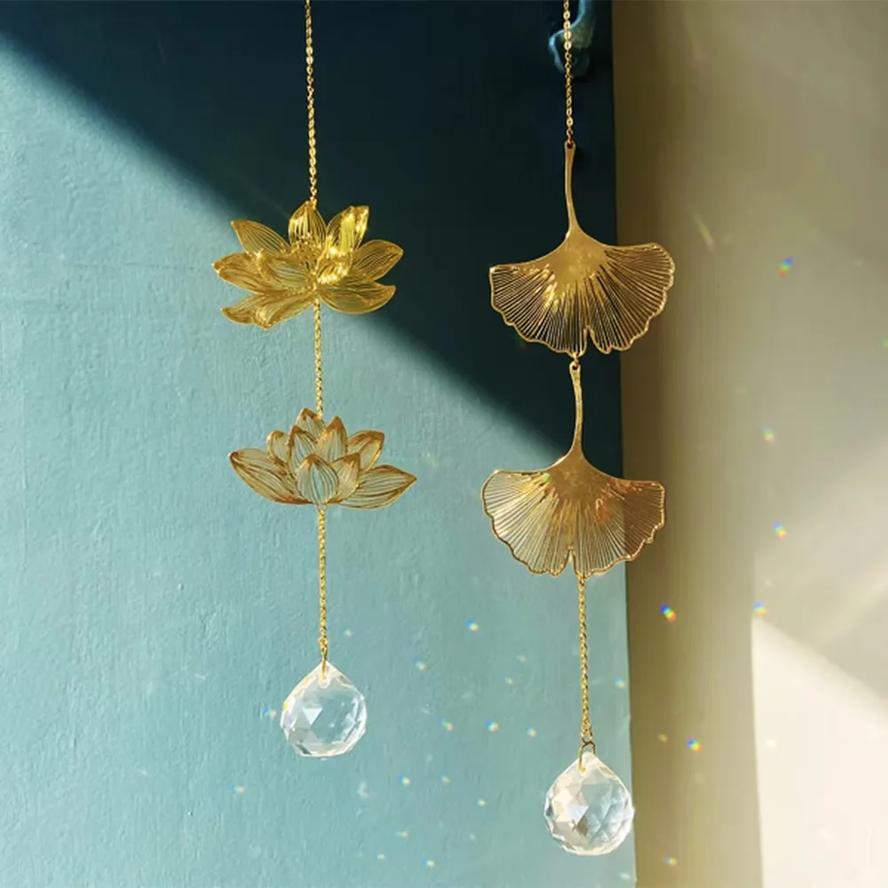 New Hanging Decoration Sun Catcher Lotus & Ginkgo Leaf Window Art Crystal Prism Gift Crystal Wind Chime Window