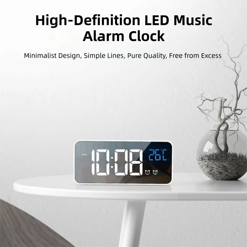 Mirror LED Digital Clock Voice Control Music Function Music Alarm Clock Temperature Display 12/24H Desk Clock Bedside Use