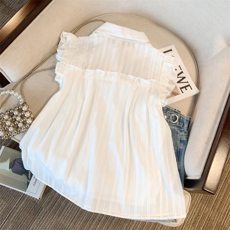 2024 Summer Blouse Women Sleeveless Ruffles White Shirts Pullover Blusas Mujer De Moda Korean Fashion Loose Blouses Ladies Tops