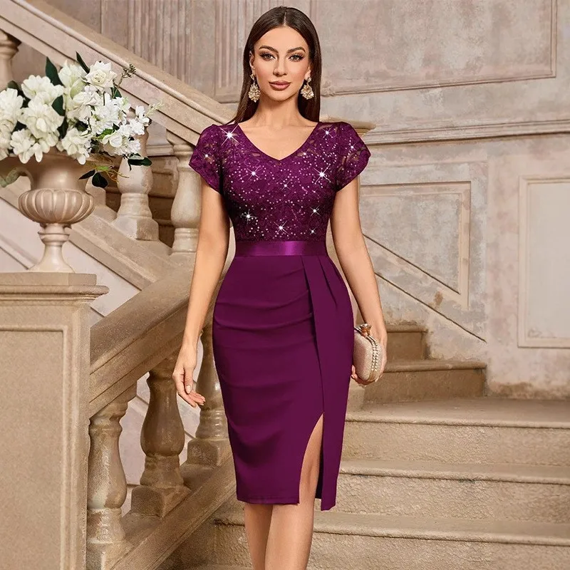 Elegant Party Dress V Neck Lace Top Sequined Bodice High Waist Slim Fit Wrap Front Skirt Purple Midi Evening Wedding Guest