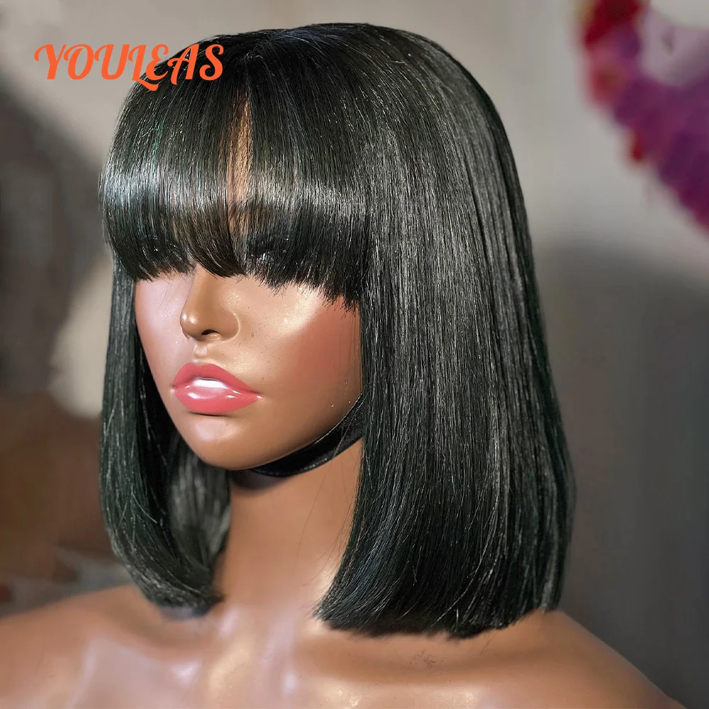 

Natural Black Color Short Bob Straight Glueless Lace Front Human Hair Wigs 13x4 Transparent Lace Front Wig For Women With Bangs
