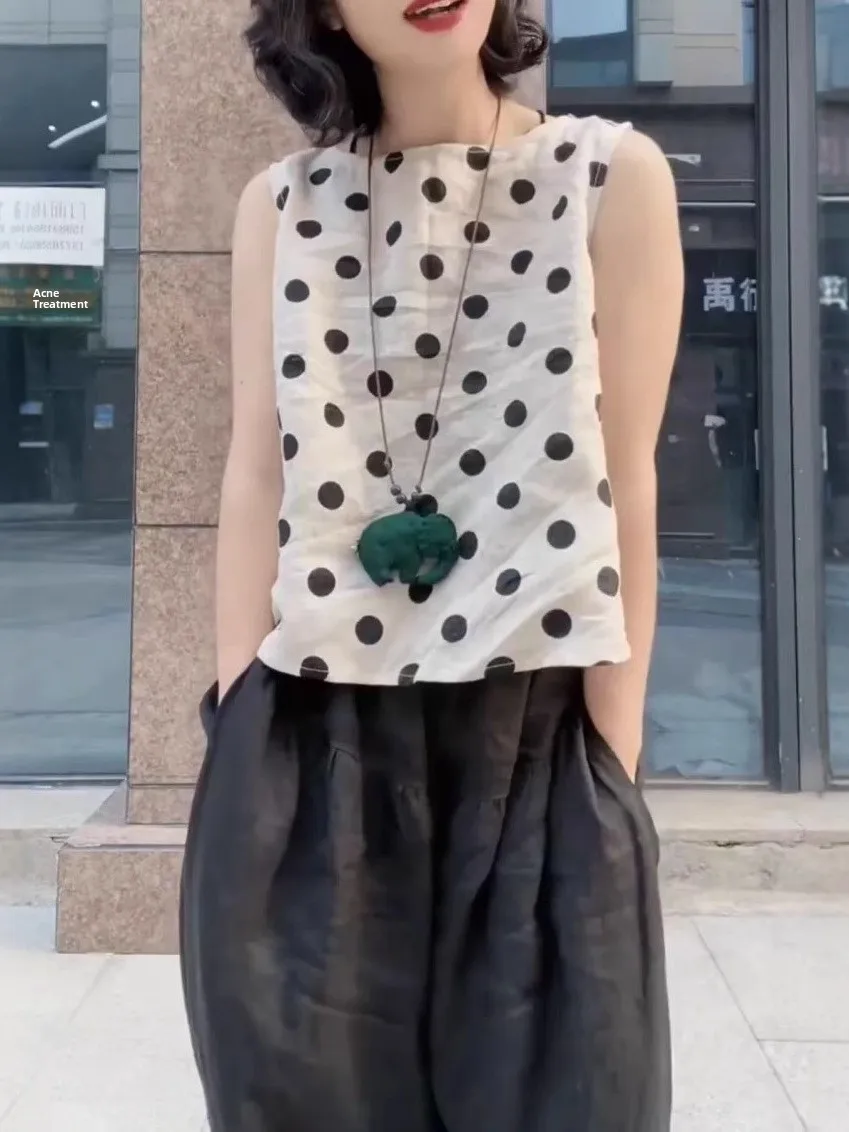 

Summer Thin Breathable Versatile Faionable round Ne Svel Polka Dot irt Vest Casual High Waist Pants Women