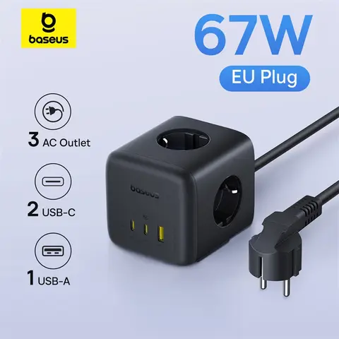 Baseus 67W GaN 고속 충전기 전원 스트립 3AC 3680W 콘센트 USB-C 노트북 iPhone 용 고속 충전 데스크탑 스테이션 Samsung Xiaomi