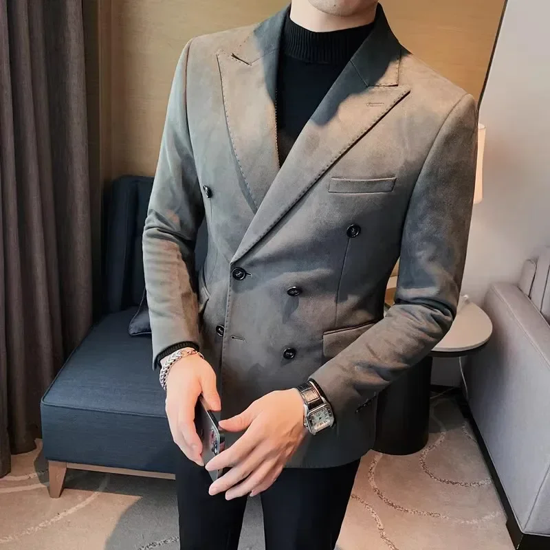 

2023 Autumn Winter Suede Blazers Men Double-breasted Buttons Casual Business Suit Jacket Streetwear Social Blazer Masculino