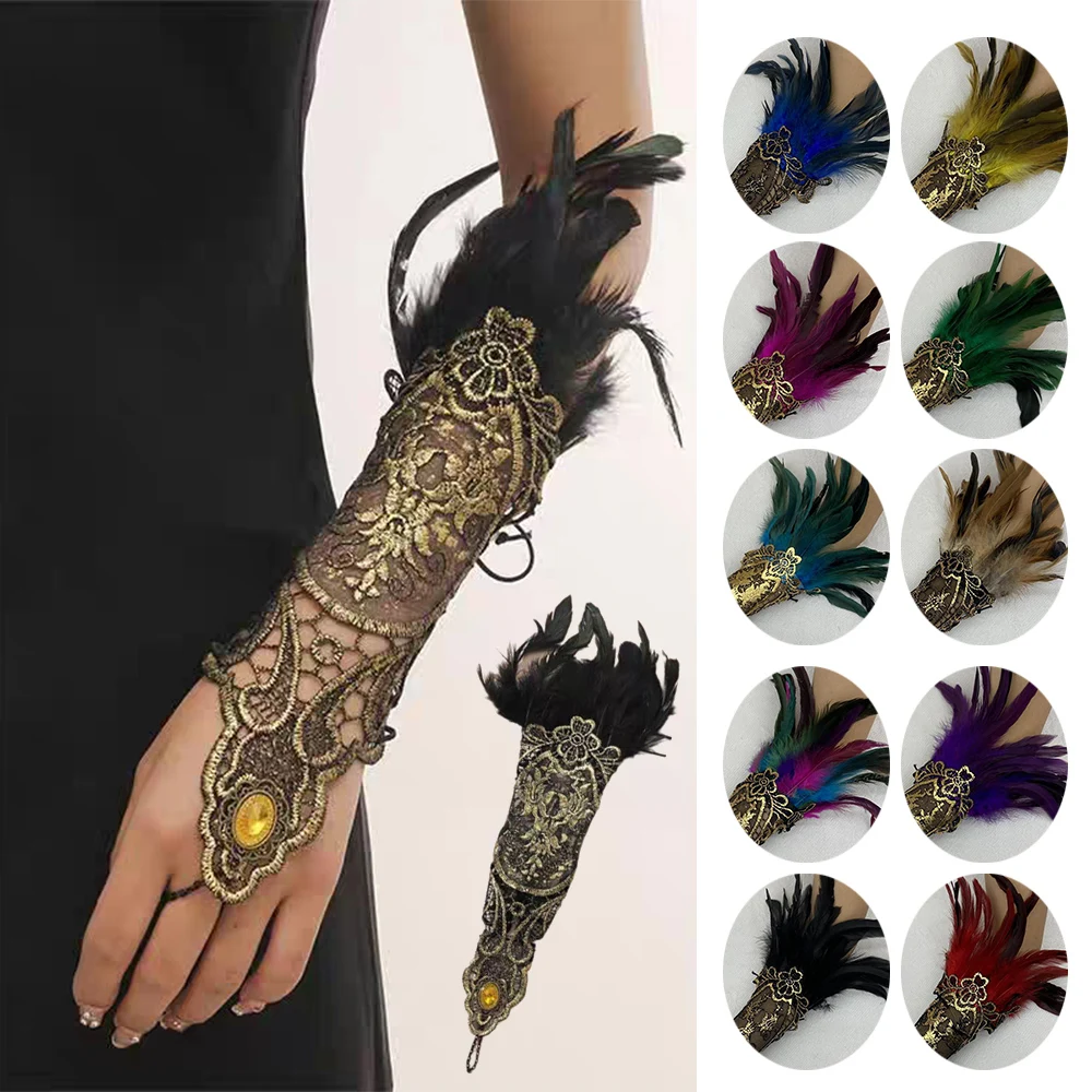 

Fashion Lace Mesh Gloves Female Halloween Party Stage Accessory Gothic Embroidery Mittins Long Feather Hook Finger Gloves