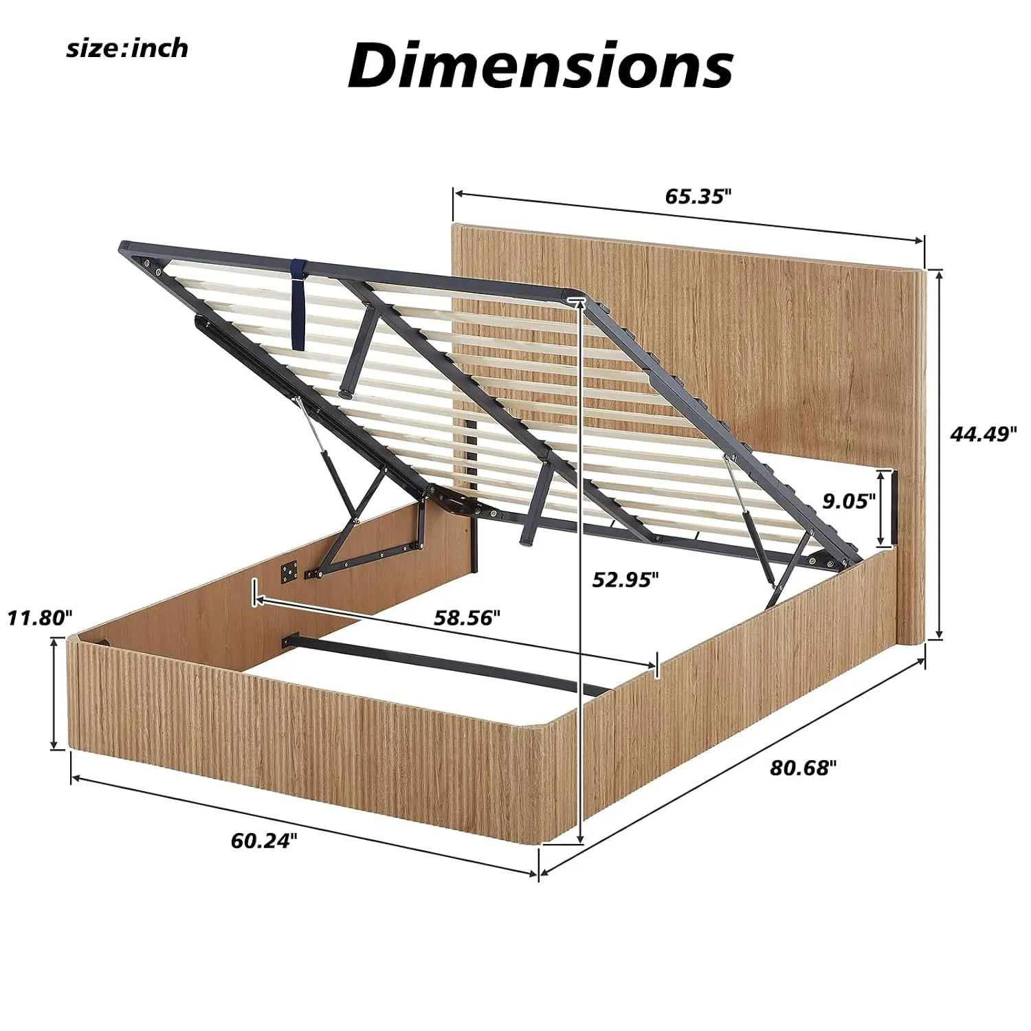 Queen Storage Bed Oak Wood Metal Lift Up Hydraulic Bedframe Curved Lines, Customized